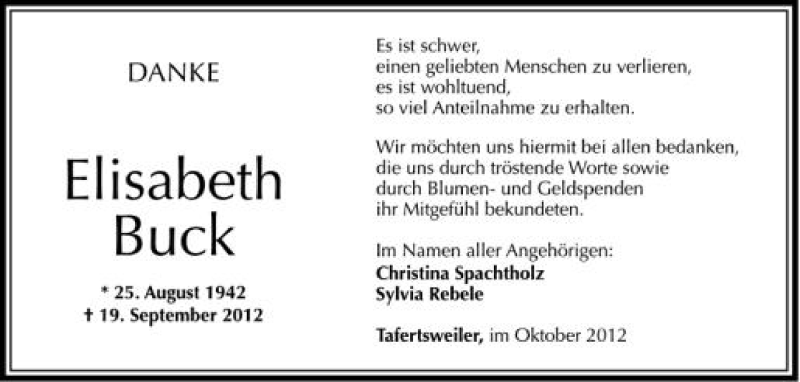  Traueranzeige für Elisabeth Buck vom 13.10.2012 aus Schwäbische Zeitung