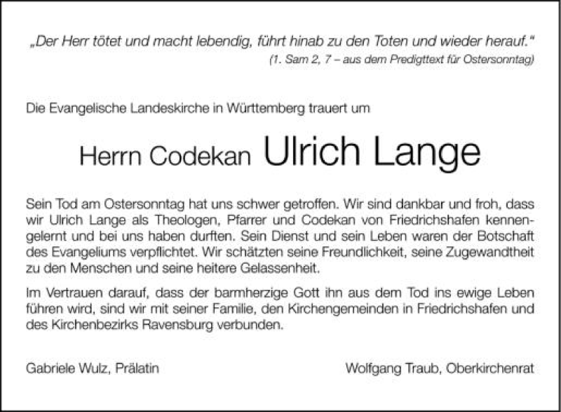  Traueranzeige für Codekan Ulrich Lange vom 11.04.2012 aus Schwäbische Zeitung
