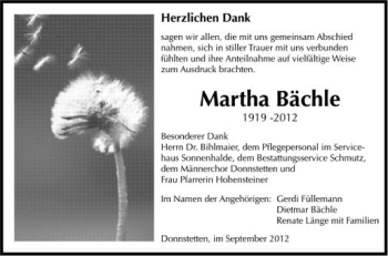 Anzeige von Martha Bächle von Schwäbische Zeitung