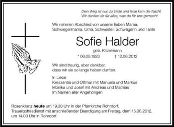 Anzeige von Sofie Halder von Schwäbische Zeitung