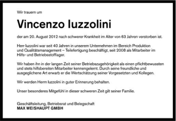 Anzeige von Vincenzo Iuzzolini von Schwäbische Zeitung