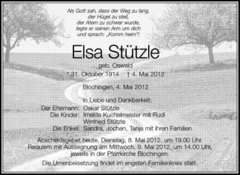 Anzeige von Elsa Stützle von Schwäbische Zeitung