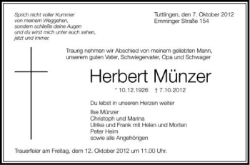 Anzeige von Herbert Münzer von Schwäbische Zeitung
