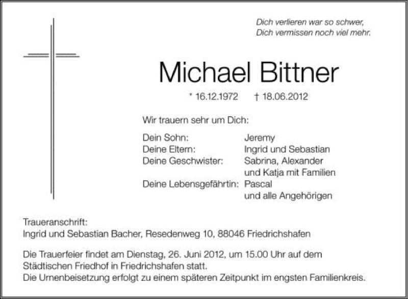  Traueranzeige für Michael Bittner vom 22.06.2012 aus Schwäbische Zeitung
