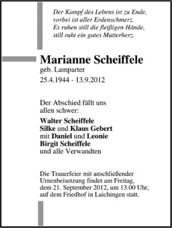 Anzeige von Marianne Scheiffele von Schwäbische Zeitung