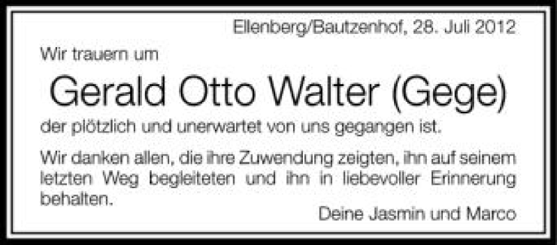  Traueranzeige für Gerald Otto Walter (Gege) vom 18.08.2012 aus Schwäbische Zeitung