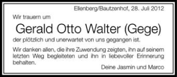 Anzeige von Gerald Otto Walter (Gege) von Schwäbische Zeitung