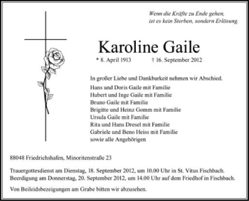 Anzeige von Karoline Gaile von Schwäbische Zeitung