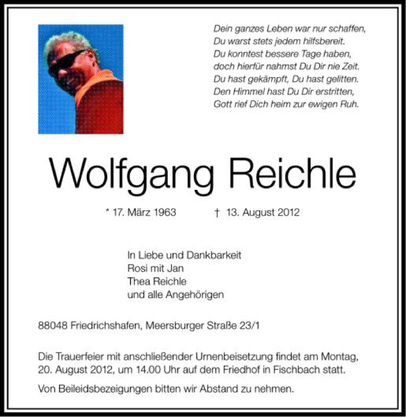  Traueranzeige für Wolfgang Reichle vom 17.08.2012 aus Schwäbische Zeitung