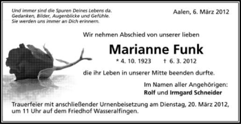 Anzeige von Marianne Funk von Schwäbische Zeitung