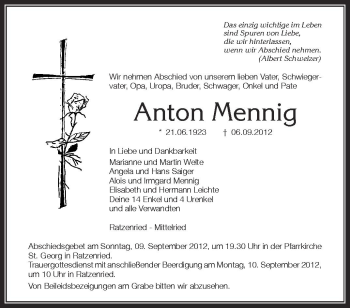Anzeige von Anton Menning von Schwäbische Zeitung