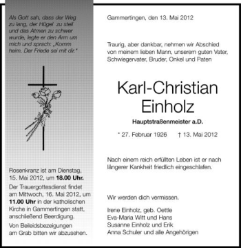 Anzeige von Karl-Christian Einholz von Schwäbische Zeitung
