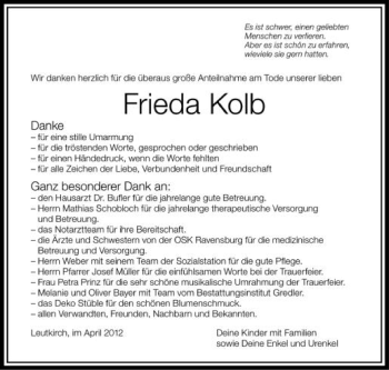 Anzeige von Frieda Kolb von Schwäbische Zeitung