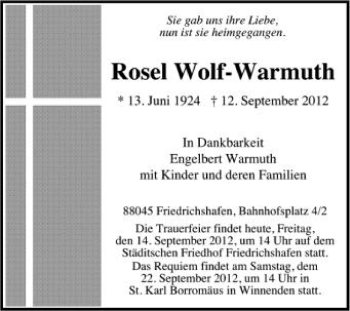 Anzeige von Rosel Wolf-Warmuth von Schwäbische Zeitung