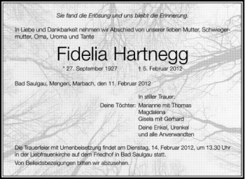 Anzeige von Fidelia Hartnegg von Schwäbische Zeitung