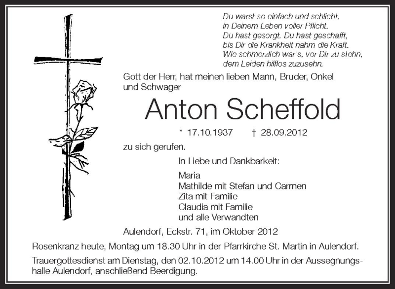  Traueranzeige für Anton Scheffold vom 01.10.2012 aus Schwäbische Zeitung