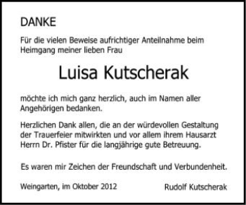 Anzeige von Luisa Kutscherak von Schwäbische Zeitung