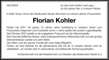 Anzeige von Florian Kohler von Schwäbische Zeitung