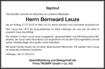 Anzeige von Bernward Leuze von Schwäbische Zeitung