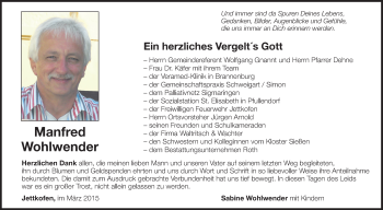 Anzeige von Manfred Wohlwender von Schwäbische Zeitung