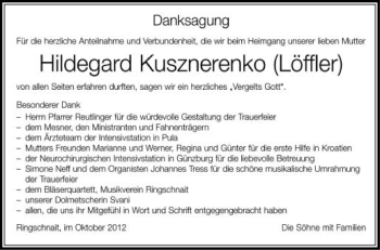 Anzeige von Hildegard Kusznerenko von Schwäbische Zeitung