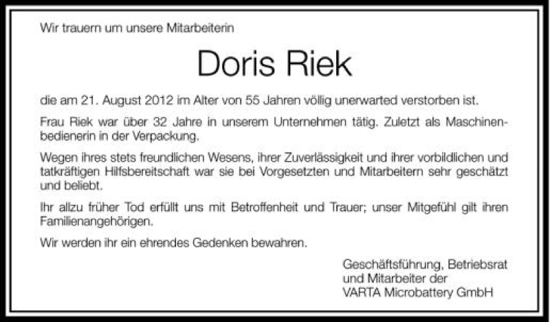  Traueranzeige für Doris Riek vom 28.08.2012 aus Schwäbische Zeitung