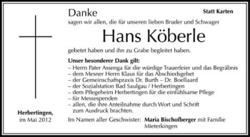 Anzeige von Hans Köberle von Schwäbische Zeitung