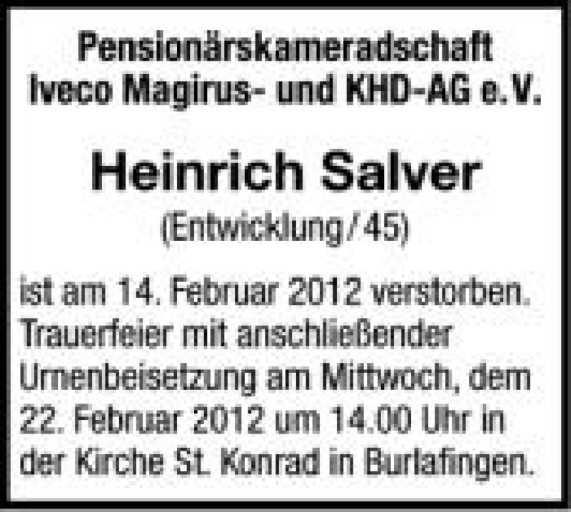  Traueranzeige für Heinrich Salver vom 18.02.2012 aus Schwäbische Zeitung