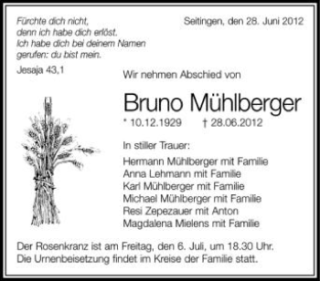 Anzeige von Bruno Mühlberger von Schwäbische Zeitung