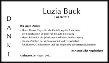 Anzeige von Luzia Buck von Schwäbische Zeitung