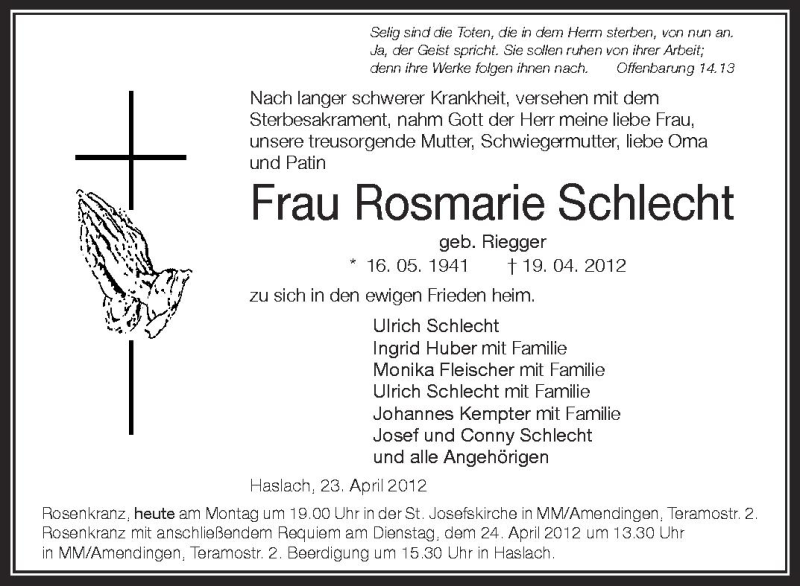  Traueranzeige für Rosmarie Schlecht vom 23.04.2012 aus Schwäbische Zeitung