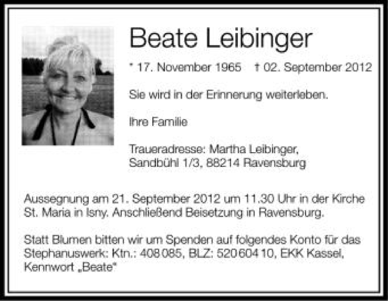  Traueranzeige für Beate Leibinger vom 08.09.2012 aus Schwäbische Zeitung
