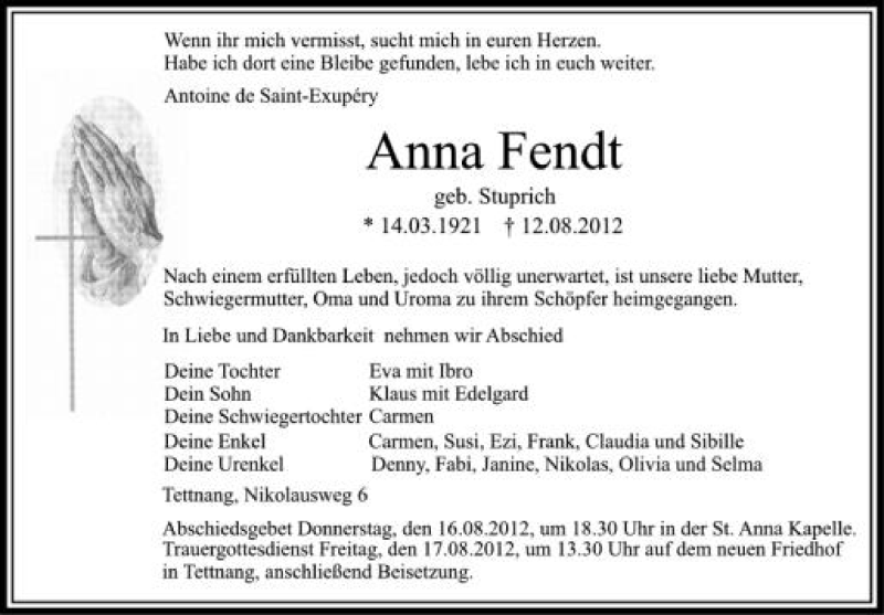  Traueranzeige für Anna Fendt vom 15.08.2012 aus Schwäbische Zeitung