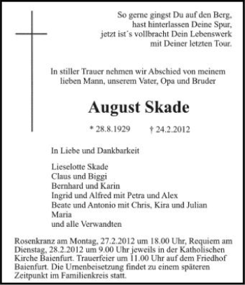 Anzeige von August Skade von Schwäbische Zeitung