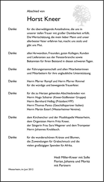 Anzeige von Horst Kneer von Schwäbische Zeitung