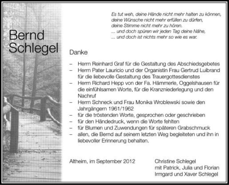  Traueranzeige für Bernd Schlegel vom 08.09.2012 aus Schwäbische Zeitung