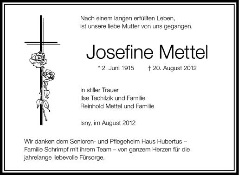  Traueranzeige für Josefine Mettel vom 25.08.2012 aus Schwäbische Zeitung