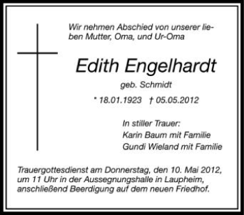 Anzeige von Edith Engelhardt von Schwäbische Zeitung
