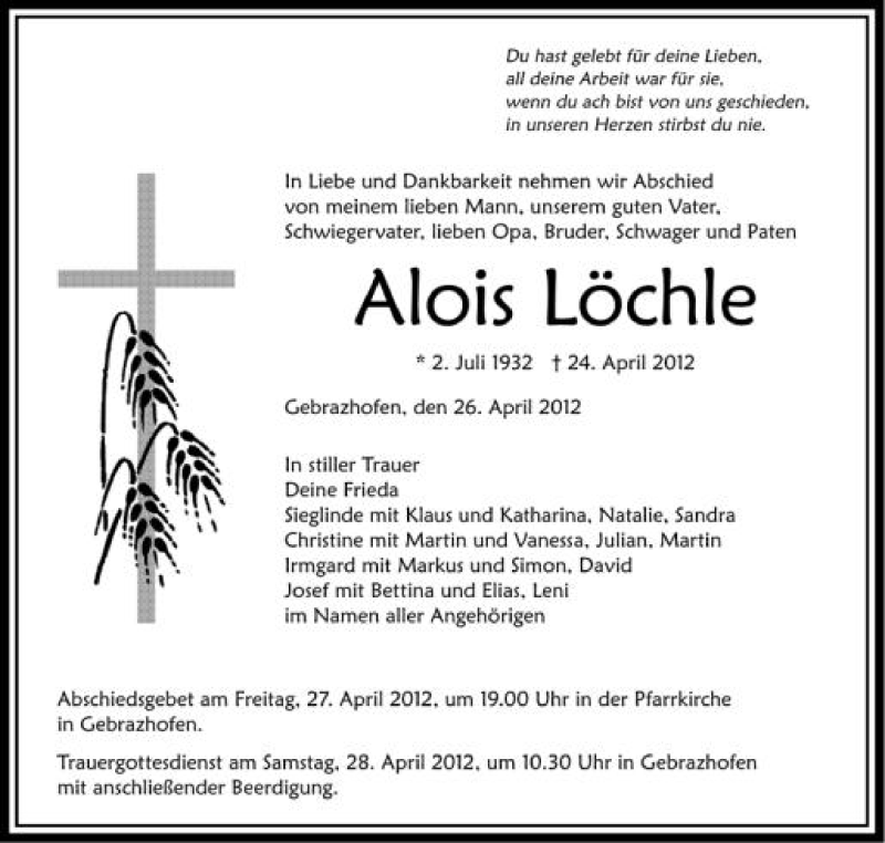  Traueranzeige für Alois Löchle vom 26.04.2012 aus Schwäbische Zeitung