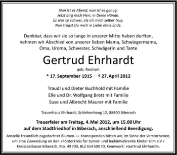 Anzeige von Gertrud Herhardt von Schwäbische Zeitung