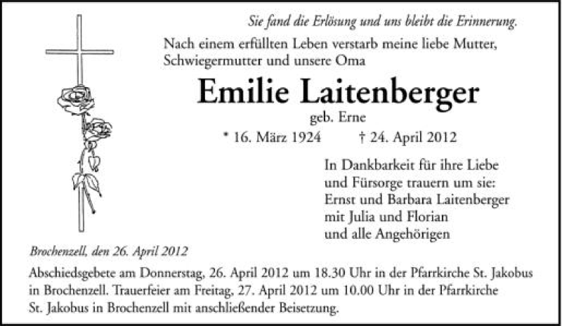  Traueranzeige für Emilie Laitenberger vom 26.04.2012 aus Schwäbische Zeitung