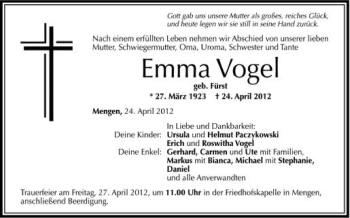 Anzeige von Emma Vogel von Schwäbische Zeitung