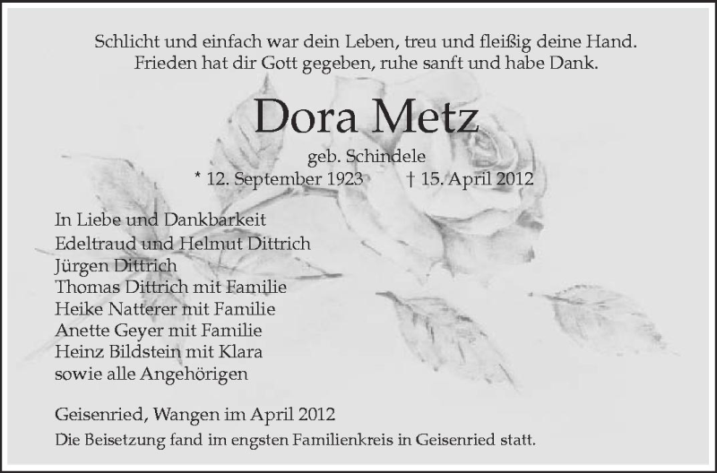  Traueranzeige für Dora Metz vom 25.04.2012 aus Schwäbische Zeitung