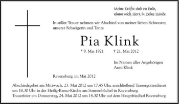 Anzeige von Pia Klink von Schwäbische Zeitung
