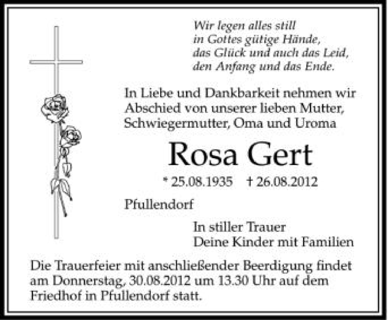  Traueranzeige für Rosa Gert vom 29.08.2012 aus Schwäbische Zeitung