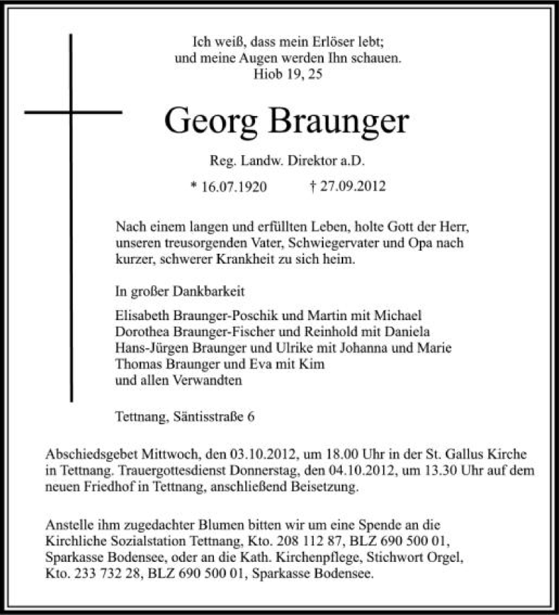  Traueranzeige für Georg Braunger vom 29.09.2012 aus Schwäbische Zeitung