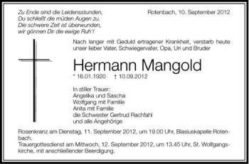 Anzeige von Hermann Mangold von Schwäbische Zeitung