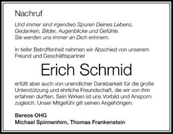 Anzeige von Erich Schmid von Schwäbische Zeitung