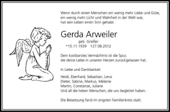 Anzeige von Gerda Arweiler von Schwäbische Zeitung
