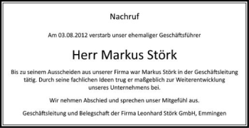 Anzeige von Markus Störk von Schwäbische Zeitung